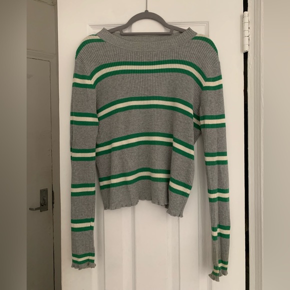 BP Ribbed Lettuce Edge Long Sleeve Striped Sweater Green Gray Size Medium M - Picture 2 of 5